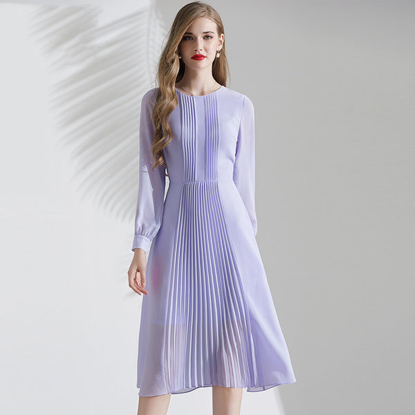 Fashion Purple Pleated Chiffon Dress For Women