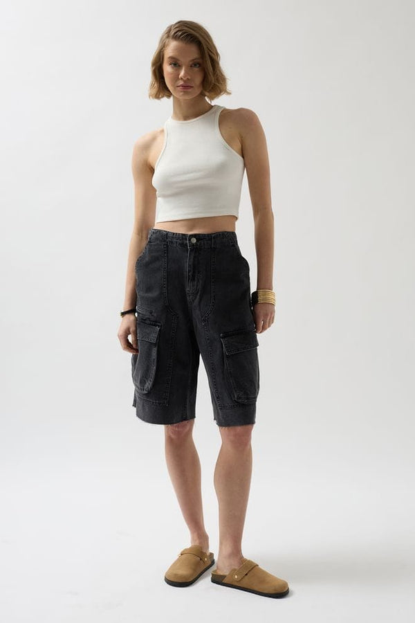 "Black cargo denim shorts with pockets."
