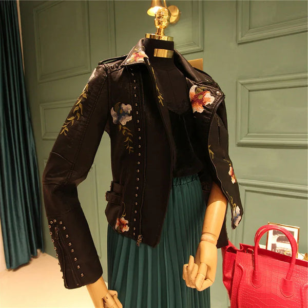 Autumn 2024 Women Floral Embroidery Faux Soft Leather Jacket Coats Turn-down Collar Casual Pu Motorcycle Black Punk Outerwear