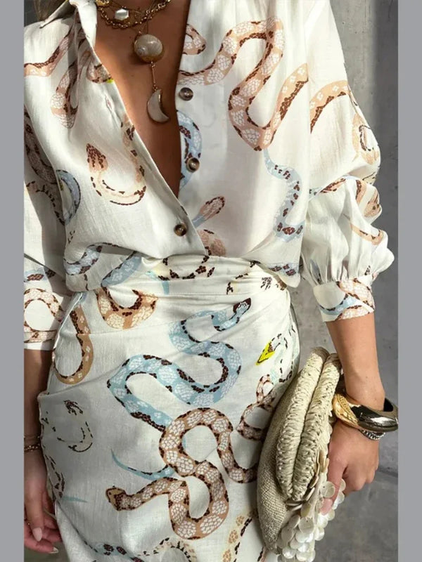 Print Shirt Skirt for Women Long Sleeve Dress Slit Skirt Women's Single Breasted Beach Two Piece Skirt Sets Womens Outifits