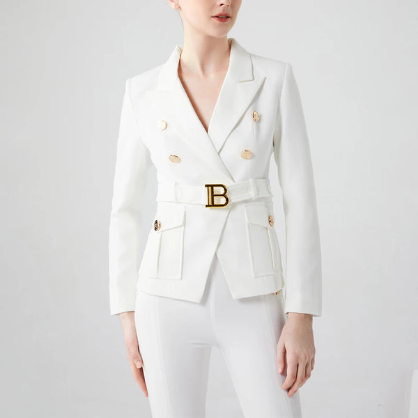 Factory Customize Luxury Quality Classic Style Office White Black Women Pocket Blazers with Blet