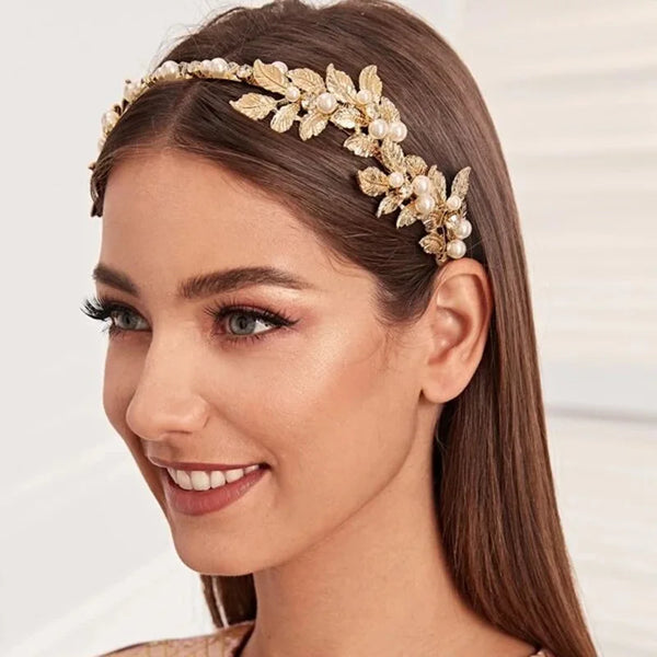 Vintage Crystal Pearl Headband Bride Tiara Headpiece Gold Color Leaf Hair Jewelry Bride Wedding Crowns Hair Accessories FORSEVEN