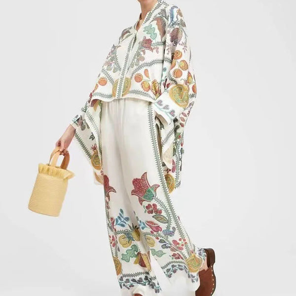 Fashion O-neck Button Long Sleeve Shirts & Long Pant Outfits Women Elegant Pattern Print Loose Suits Casual Wide Legger 2Pc Sets