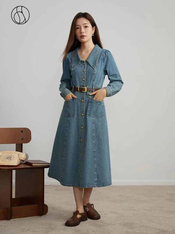 DUSHU Elegant Waist Retro Denim Dress for Women 2023 Autumn New Arrival Micro Large Lapel 100% Cotton Dress with Belt Female