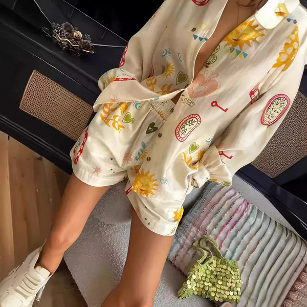 Elegant Vacation Outfit Holiday Print Elastic Waist Pocket Shorts Suit Women Loose Lapel Long Sleeved Shirt 2 Piece Set Causal