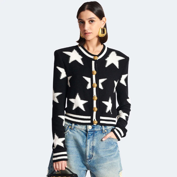 New 2024 Spring Knit Cardigan Star Jacquard Coat Women Sweater Luxury Design Iconic Lion Gold Button Femme Clothing Buckle Tops