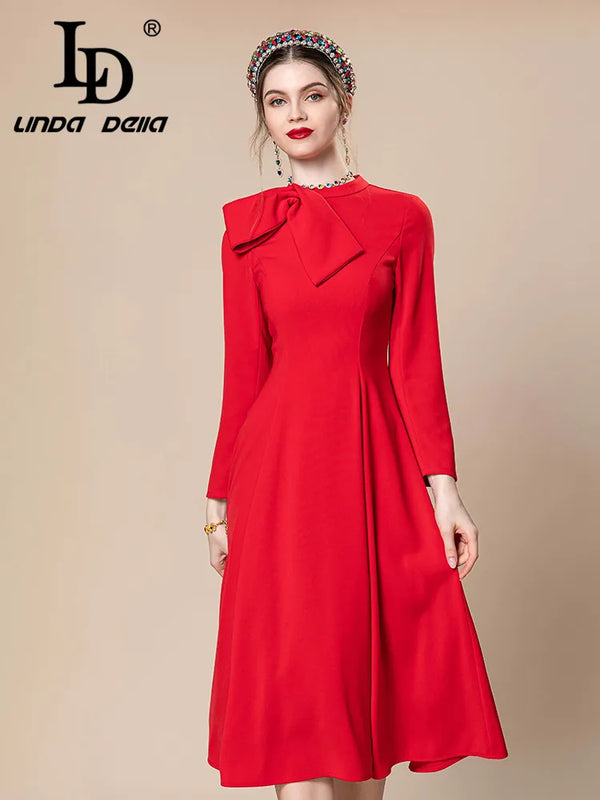 LD LINDA DELLA 2024 Winter luxury designer party Dresses for Women's Red Bow collar Slim Fit warmth Travel Draped Dress