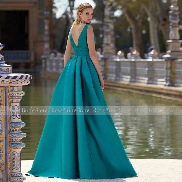 Turquois Satin Evening Dresses Long V Neck Luxury Evening Gowns for Women 2024 A Line Sleeveless Elegant Wedding Party Dresses