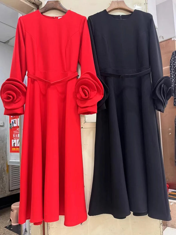 Heavy-duty three-dimensional flower waist swing long dress Spring and Autumn women's new long-sleeved swing A-line dress