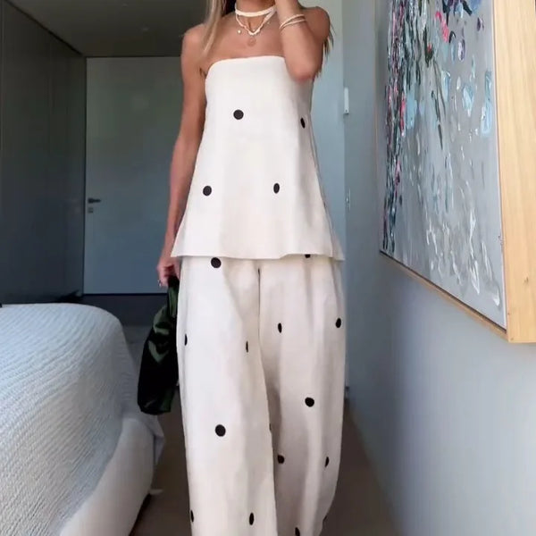 Women Fashion Polka Dot Wide Leg Pant 2 Piece Set Sexy Off Shoulder Sleeveless Vest Tops Suit 2025 New Vocation Streetwear
