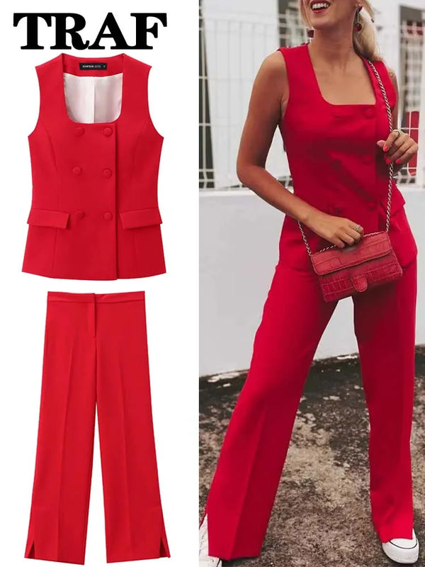 TRAF Summer Fashion Women 2 Pieces Set Sleeveless Double Breasted Vest Top+Mid-Waist Slit Stralght Pants Sets Women Outfit