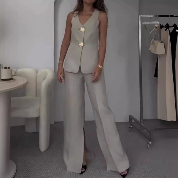 Elegant Office Lady 2 Piece Set Summer Simple V Neck Sleeveless Single Breasted Button Vest Top Loose Wide Legs Pants Suit