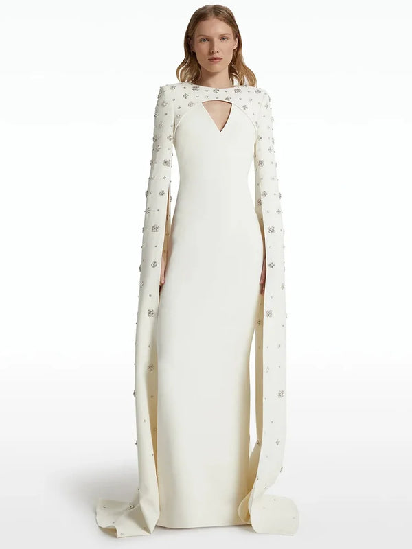 HIGH STREET Newest 2025 Designer Vestido Women's Diamonds Beaded  Cape Sleeve Floor Length Maxi Long Dress