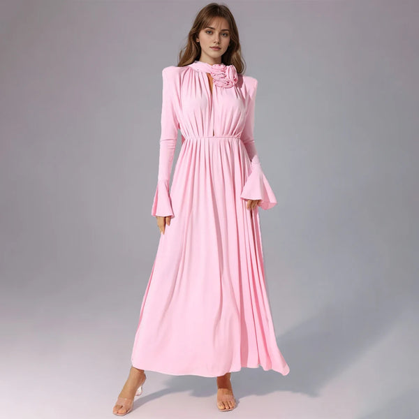 Solid Patchwork Appliques Dresses For Women Half High Collar Flare Sleeve High Waist Elegant Long Dress Female Fashion New