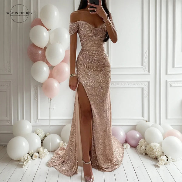 Women Mermaid Champagne Evening Maxi Dresses 2024 Elegant Off-Shoulder Sequin Prom Formal Gowns For Party Split Night Dress