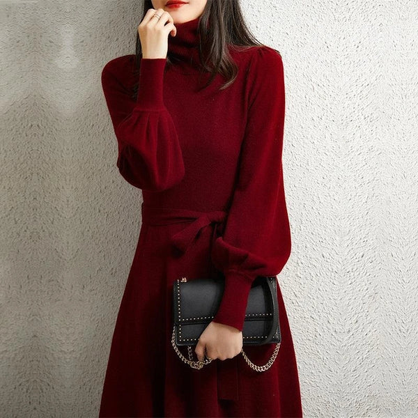 Dress Women's Autumn and Winter Knitted Thickened High Neck Long Sleeve Solid Color with Coat Medium Long Warm Fashion Elegant