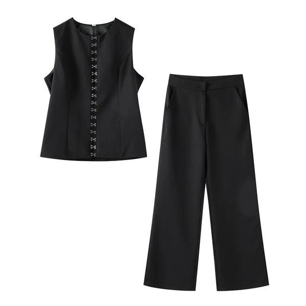 Solid Office Trousers Set Women O-neck Sleeveless Single Breasted Slim Vest High Waist Straight Pant 2024 Fashion Lady Outfit