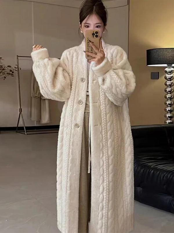 Women Fur Cardigan Thickened Long 2023 Autumn Winter V-neck Thin Jacket Female Loose Simple Leisure With Buttons Casual Fur Coat