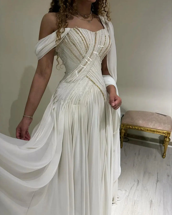 Prom Dress Women Elegant Luxury Evening Dress Beadings Floor Length Wedding Dress For Special Events Saudi Arabia Wedding Dress