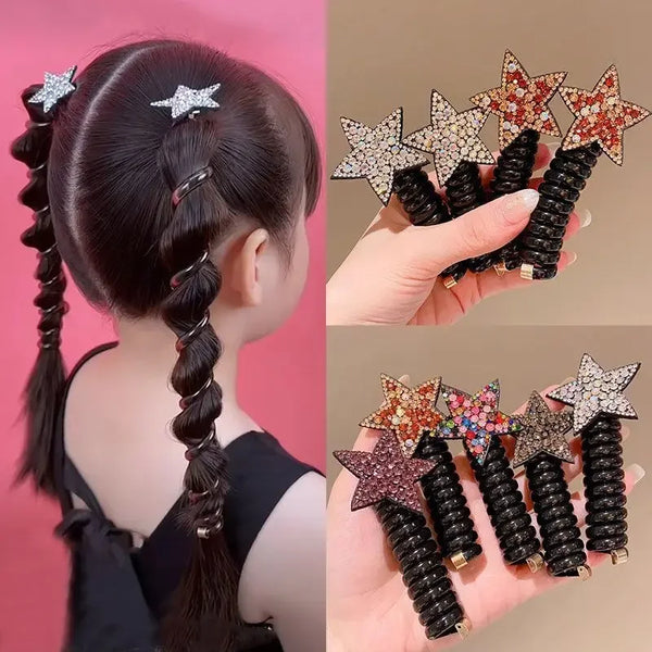 New Children Girls Rhinestone Pentagram Star Ponytail Elastic Hair Bands Rubber Tie Bundle Scrunchies Telephone Wire Accessories