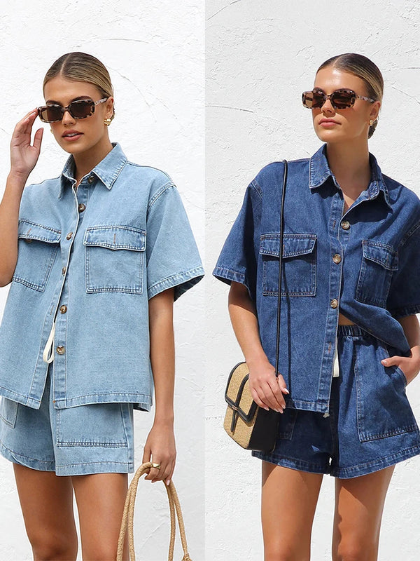 Women Short Pant Set Two Piece Sets Denim Matching Set Turn Down Collar Shirt Tops Shorts Pants High Waist Casual Y2k Streetwear