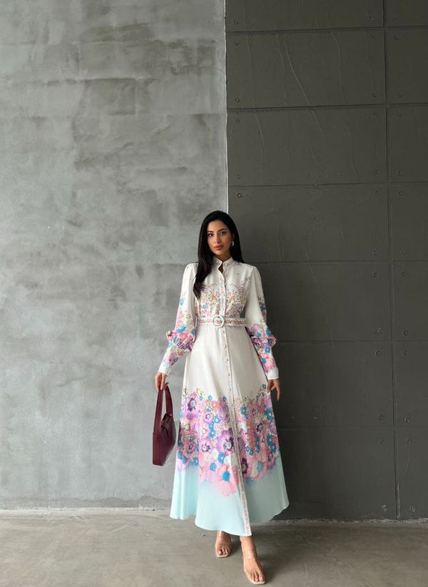Elegant white dress with pink floral prints, modest and fresh.