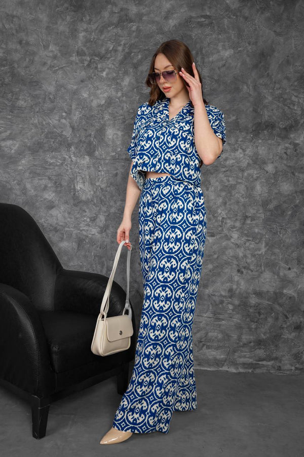 "A stylish and fresh blue and white outfit that blends elegance with a modern touch